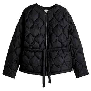 
HM women's cotton-padded winter waist zipper quilted nylon rhombus pattern burgundy cotton-padded jacket 1266931
