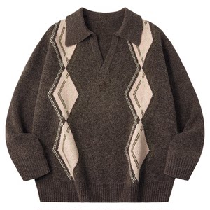 
PSO Brand Men's and Women's Diamond Jacquard V-neck Loose Women's Sweater Jacket Casual Sweater Couple Wear