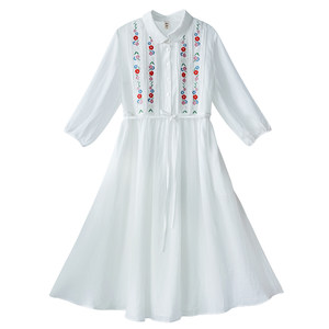 
70% off [Brows] Original doll collar embroidered dress for women in summer high-waisted tiny ramie white long skirt