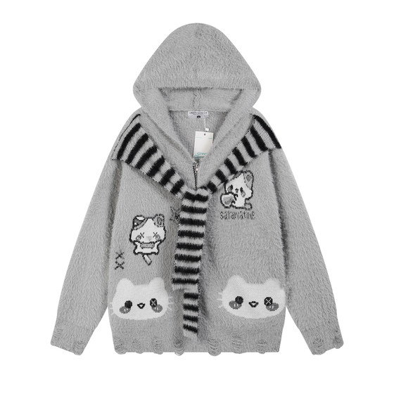 
Wenwenbuguai original cute kitten cartoon jacquard design hooded scarf sweater women's autumn and winter warm coat