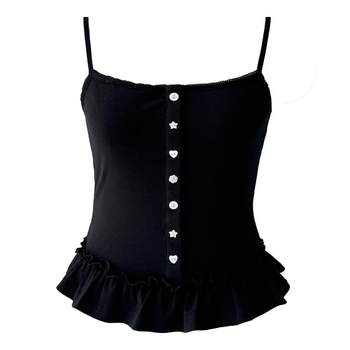 
Narratorgirls pink white floral black floral shape button hem lace elastic suspender vest T