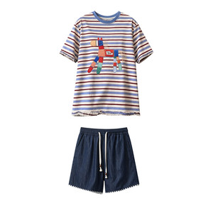 
Maternity suit summer 2026 new Korean style thin casual striped round neck top shorts two-piece set for women