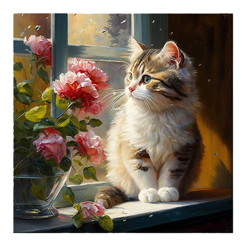 油彩画　猫 窗边小猫|数字油画diy填色填充可爱猫咪手工手绘治愈