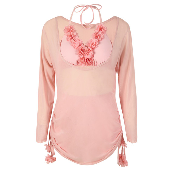 
Hot spring plus size swimsuit for fat mm women long-sleeved split sexy bikini three-piece vacation style slim pink swimsuit