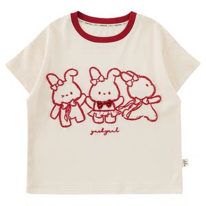 
Young girls summer new short-sleeved round neck contrasting color cartoon bunny T-shirt cool and breathable children's antibacterial top
