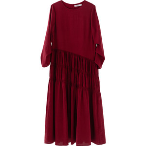 
CR dress long skirt loose spring and autumn new style long sleeves slack round neck temperament seaside women's clothing Angora red