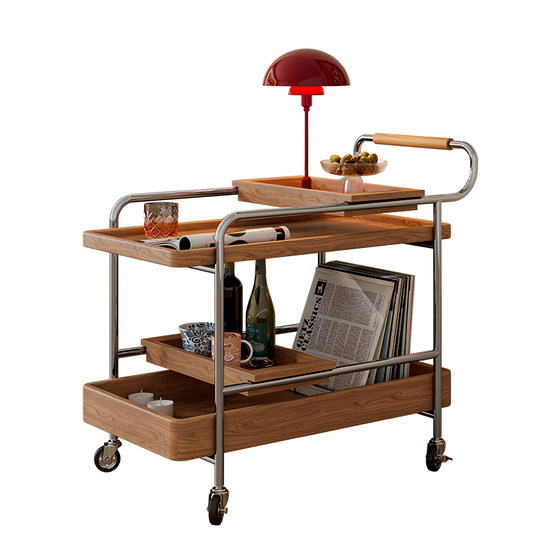 
Solid wood sofa side table movable trolley living room storage rack with wheels walnut color small coffee table