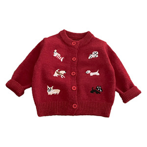 
Boys winter New Year red cartoon knitted cardigan baby girl thickened warm sweater infant New Year clothes