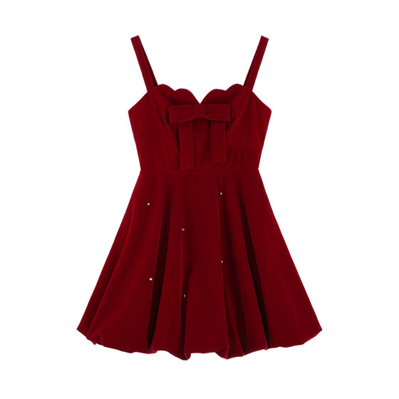 Butterfly clip French red velvet suspender dress for women in winter high-end sense A-line puffed princess new year skirt