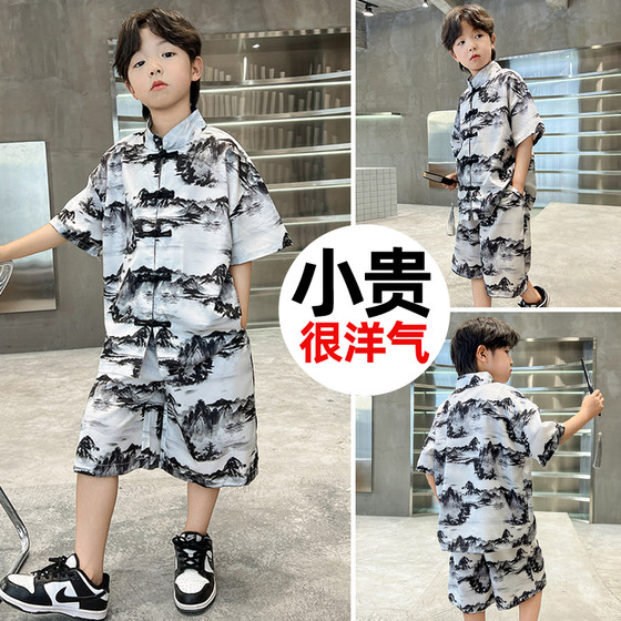 남자 여름 옷, 멋진 반팔 양복, 2024 새로운 남자 유행 중국식 민족 스타일 여름 큰 어린이 유행 옷
