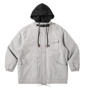 Winter mid length fake two-piece cotton jacket men's fashion brand loose and thickened warm woolen jacket couple hooded cotton jacket trend