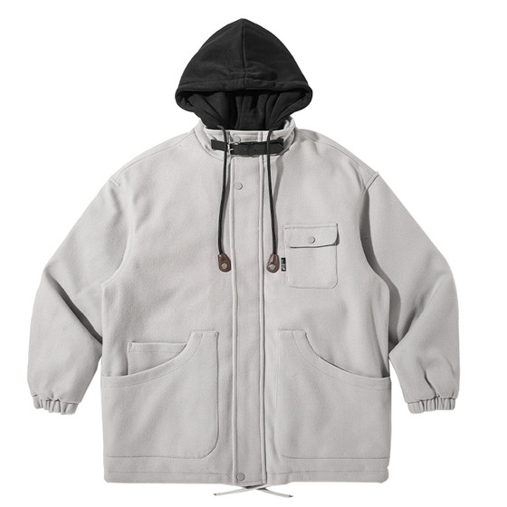 Winter mid length fake two-piece cotton jacket men's fashion brand loose and thickened warm woolen jacket couple hooded cotton jacket trend