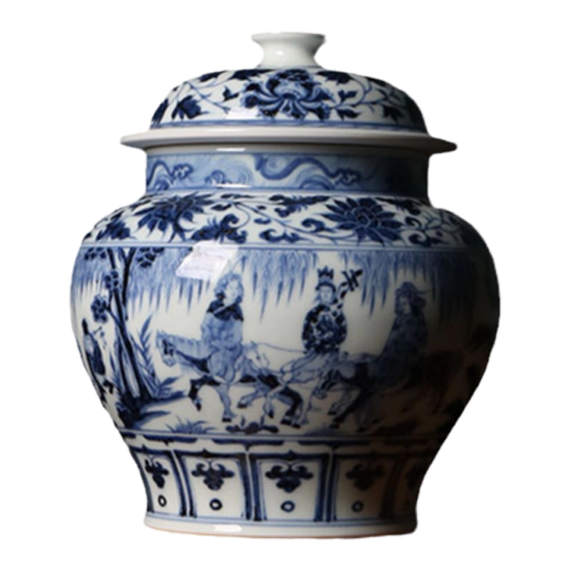 中国古美術・元代青花昭君出塞紋罐・人物絵・青花磁・純手描き・陶芸・花瓶・文房具 元青花“昭君出塞”人物罐