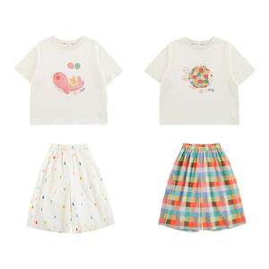 Young Girls Summer Set Children's Energetic Cute Rib Round Neck Cool Short Sleeve Nine-Pin Loose Wide Legs Trendy