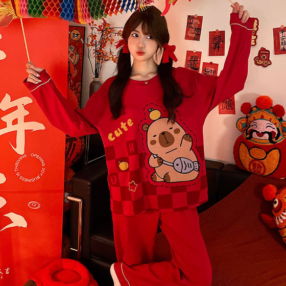 纯棉睡衣秋冬款女本命年蛇年衣服卡皮巴拉女士家居服套装新年战袍