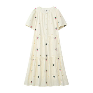 
Jingqi maternity wear maternity dress summer 2026 new embroidered round neck summer A-line loose mid-length skirt for women