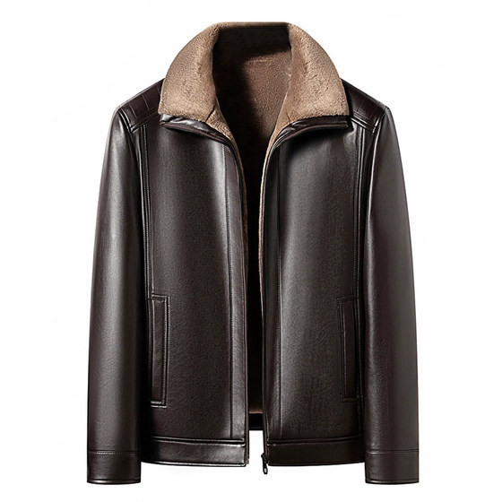 
Haining genuine leather leather jacket for men's fur integrated plus velvet thickened daddy suit middle-aged and elderly leather jacket men's leather jacket