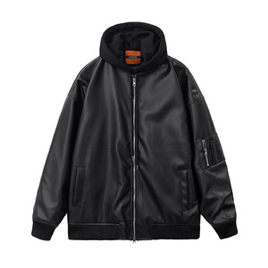 
MRCYC leather jacket for men with high-end fake two-piece spliced ​​hooded jacket Korean loose trendy brand work leather jacket