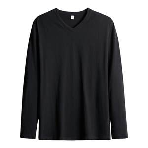 Men's cotton trendy men's long -sleeved T -shirt V -neck with clothes to experience the bottom shirt white solid color autumn clothes
