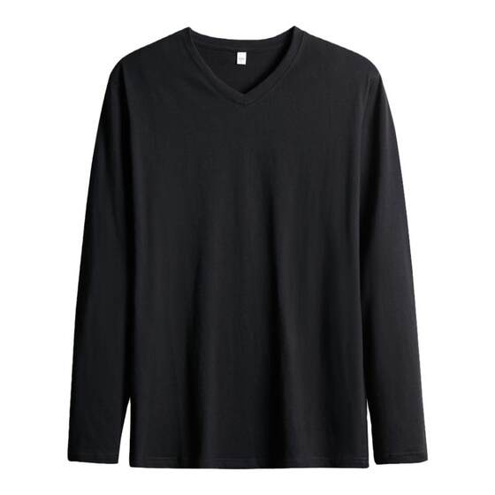 Men's cotton trendy men's long -sleeved T -shirt V -neck with clothes to experience the bottom shirt white solid color autumn clothes
