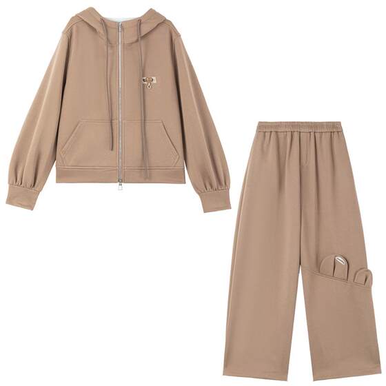 
KEIKO Playful Casual Sports Sweater Set Spring Cute Bear Hooded Jacket Casual Pants Two-piece Set