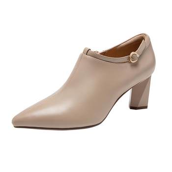 
Qianbaidu Sheepskin Nude Boots Autumn Fashion Single Shoes Pointed Toe High Heels Genuine Leather Commuting Thick Heel Fashion Women's Shoes