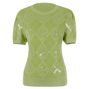 
Stubborn autumn new retro round neck pullover jacquard puff sleeve short sleeve short knit sweater top