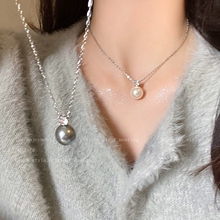Alloy necklace, gray bead pendant, French classic, high-end, versatile necklace, women's single round collarbone chain