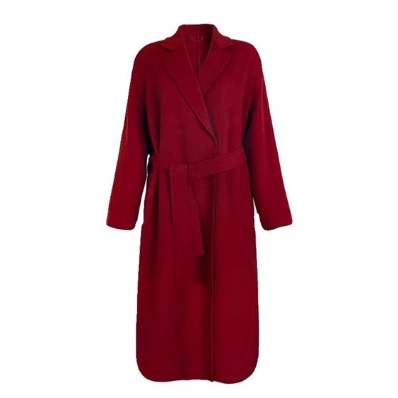 
Burgundy double-sided wool coat for women autumn and winter new wedding New Year's Eve mid-length high-end woolen coat