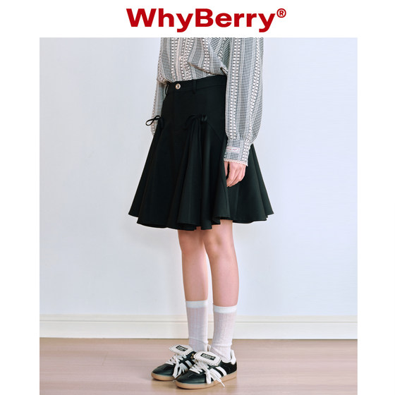 WhyBerry 24SS“庄园蝶影”A字百褶小短裙蝴蝶结半裙黑色密织绣花