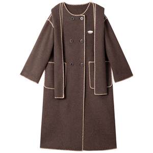 
KEIKO [Contrast color stitching] Long double-sided cashmere coat early spring high-end scarf collar hooded woolen coat