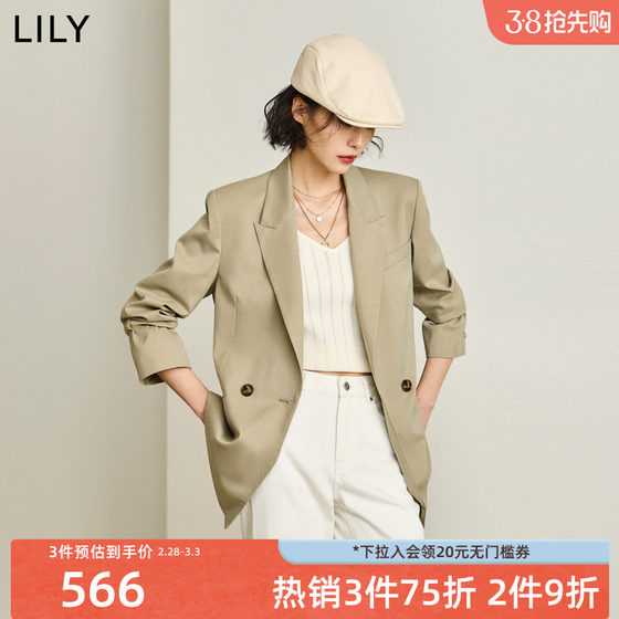 LILY2024春新款女装商务都市通勤款复古双排扣四叶草休闲西装外套