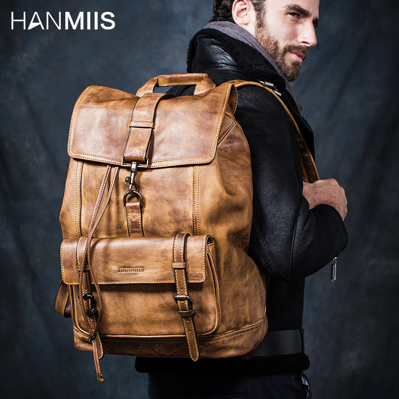 HANMIIS新款头层牛皮 大容量双肩包旅行袋包全真皮男士背包书包
