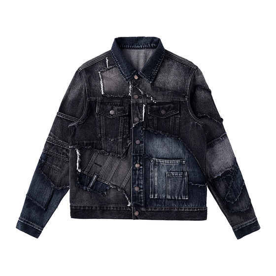 
Yuxi original design men's spliced ​​black denim jacket fashionable versatile casual jacket top coat 092