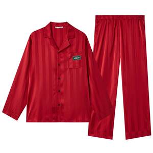 
Gukoo/Fruit Shell Couple Pajamas Spring and Autumn Red Ladies Pajamas Wedding Newlywed Men's Set Ice Silk Night Dress C