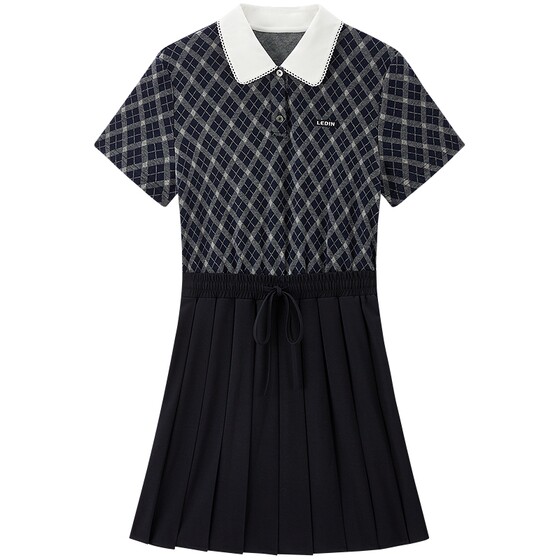 
Leding stitching contrasting color shirt collar dress for women 2026 summer new style exquisite lace pleated short-sleeved skirt