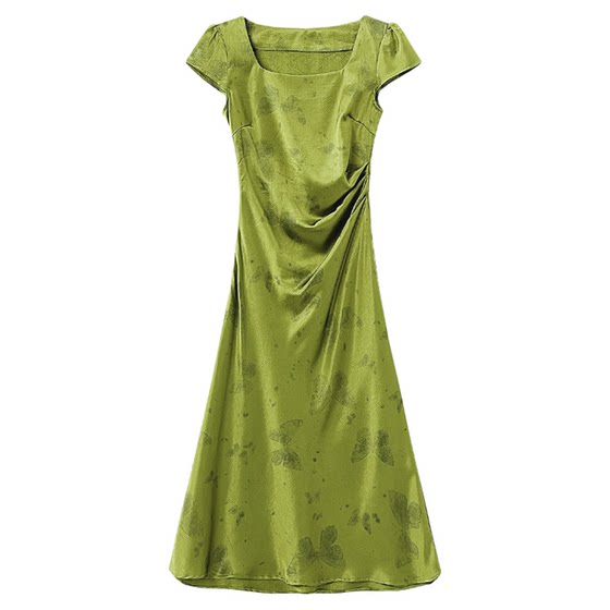 
Actual shot of 2026 summer new original bias-cut emerald green elegant satin jacquard square-neck short-sleeved women's dress