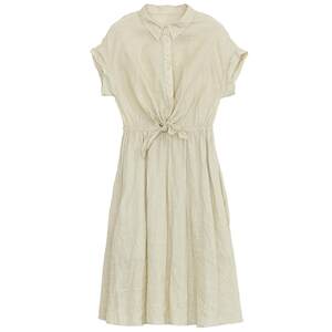 
Mystery dress short-sleeved 2024 summer commuting style simple ramie waist mid-length skirt 242ML0620