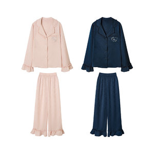 
[Sweet Dreams] Uena bow embroidered iron diamond ruffled satin cardigan pajama casual pants suit women