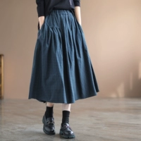 Японская клетчатая длинная юбка, из хлопка и льна, А-силуэт