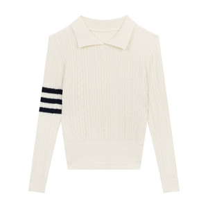 
Where is the Orange Tree? College style polo collar three-bar sweater for women 2026 new slim slim right shoulder sweater