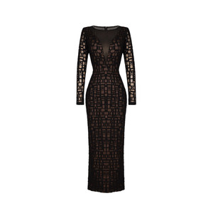 
XULU original scattered flower and fur plaid temperament feminine slim high waist mesh spliced semi-transparent deep V dress