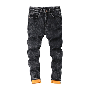 Autumn snowflake plus velvet thick jeans male repair Korean trendy small foot pants youth tight long pants
