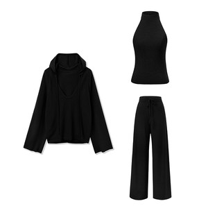 
SUK Jingwei style! Machine washable 100% wool suit women's hooded casual sweater wide-leg pants three-piece set