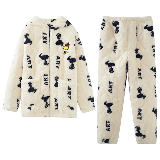 
Beiyan Snoopy Coral Fleece Couple Pajamas Men's Winter Thickened Warm Cotton Jacket Home Clothing Hooded Set