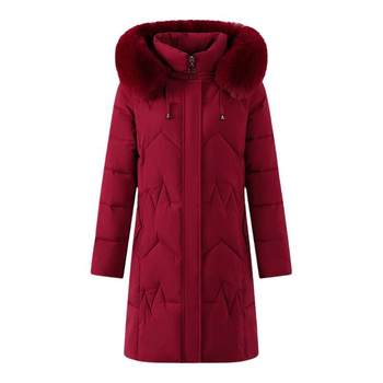
Mother's mid-length down cotton coat with large fur collar