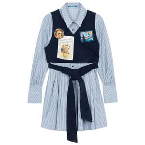 
KEIKO American College Fake Two-piece Shirt Dress Spring Design Slim Striped A-Line Skirt