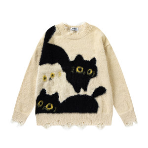 
Wukong has a trendy brand retro cartoon mohair ripped sweater men's college style couple lazy casual knitted sweater