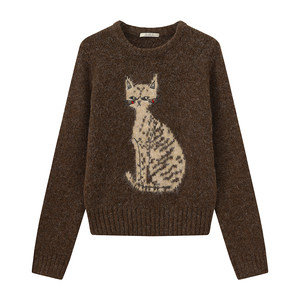 CUBIC classic cat jacquard shoulder sweater autumn and winter lazy round neck sweater EK2006