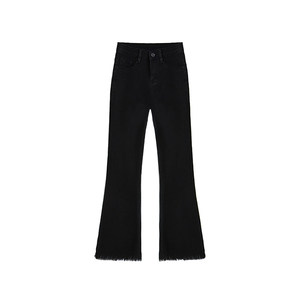 
Black slightly flared raw edge jeans for women in autumn and winter plus velvet for fat girls mm high waist elastic slimming pear-shaped body pants